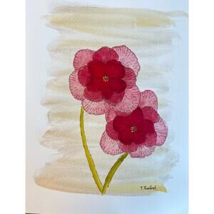 Hand painted watercolor original painting poppies red gold black